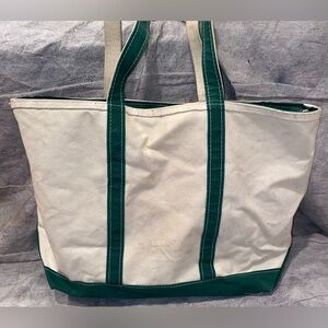 Vintage 80s 90s LL Bean Boat Tote Green White Canvas Bag Long Straps Zip Top USA